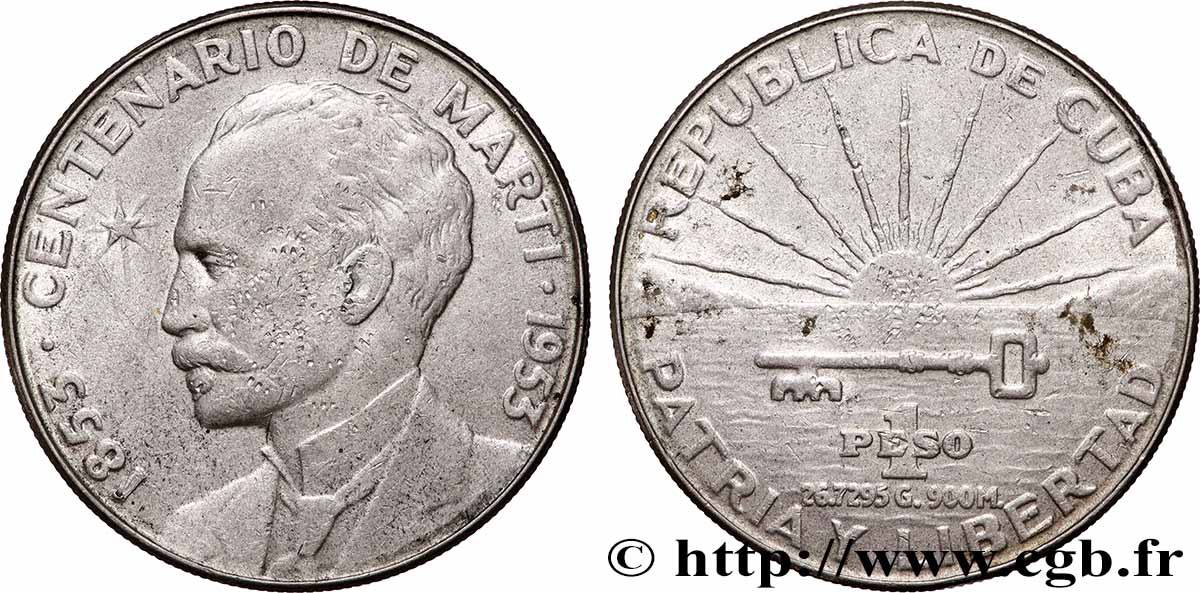 CUBA 1 Peso centenaire de José Marti 1953 La Havane XF 