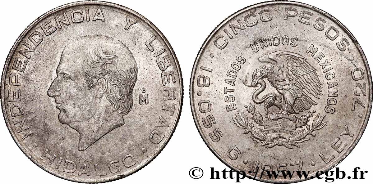MEXICO 5 Pesos Miguel Hidalgo y Costilla 1957 Mexico AU 