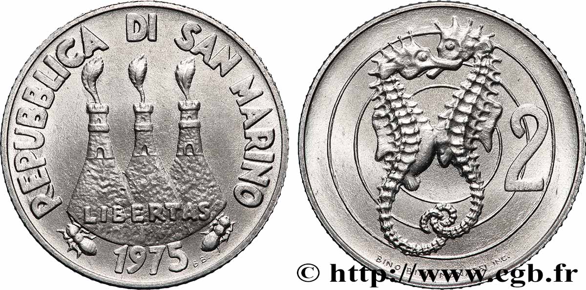 SAN MARINO 2 Lire 3 tours / hippocampes 1975 Rome - R MS 