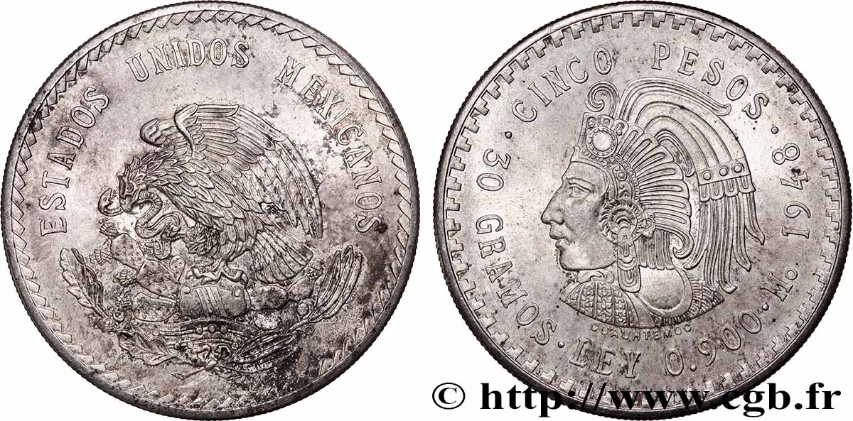 MEXIQUE 5 Pesos Buste de Cuauhtemoc 1948 Mexico SUP 