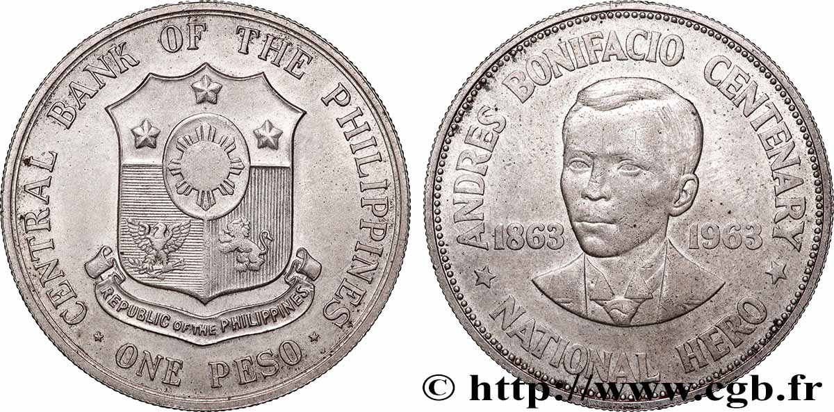 PHILIPPINES 1 Peso centenaire de la naissance d’Andres Bonifacio 1963  SUP 