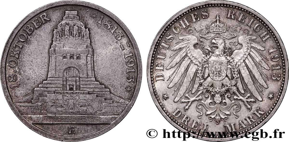 GERMANY - SAXONY 3 Mark ‘Monument de la Bataille des Nations’  1913 Dresde AU/AU 
