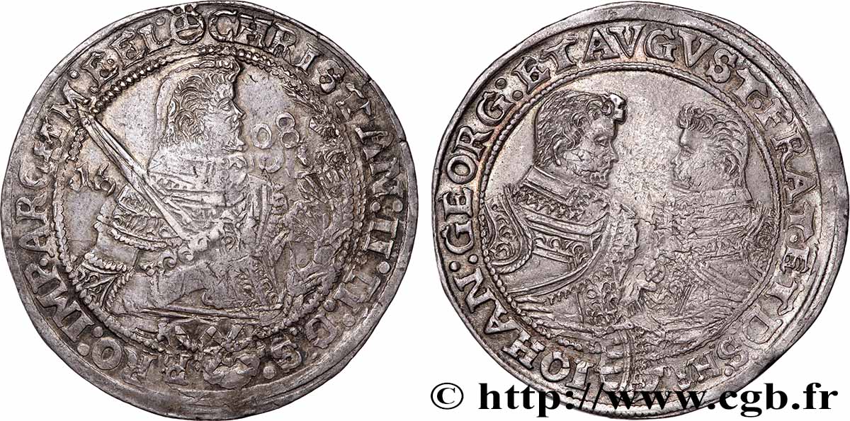 ALLEMAGNE - DUCHÉ DE SAXE - CHRISTIAN II, JEAN-GEORGES ET AUGUSTE 1 Thaler  1608  TTB 