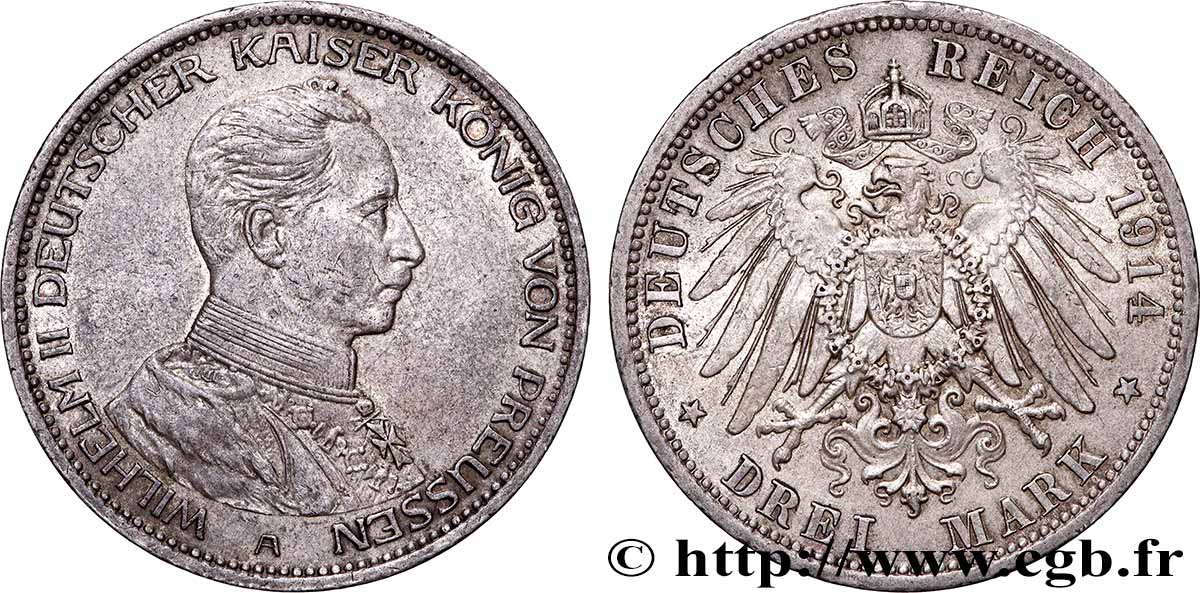 ALLEMAGNE - PRUSSE 3 Mark Guillaume II 1914 Berlin TTB+ 
