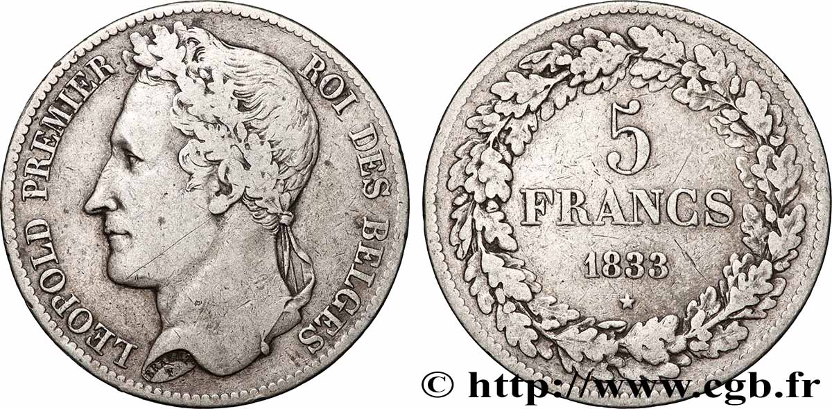SILVER INVESTMENT 5 Francs Léopold Ier 1833  VF 