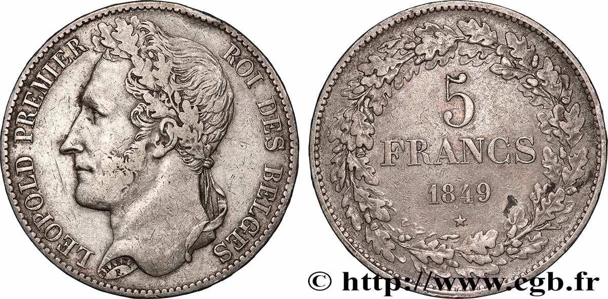 ARGENT D&nbsp;INVESTISSEMENT 5 Francs Léopold Ier tête laurée 1849 Bruxelles TB+ 