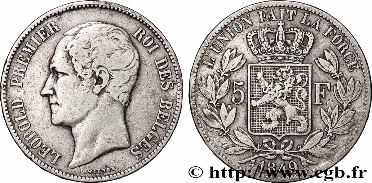 ARGENT D&nbsp;INVESTISSEMENT 5 Francs tête nue 1849 Bruxelles TB+ 
