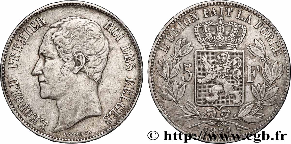 ARGENT D&nbsp;INVESTISSEMENT 5 Francs Léopold Ier tête nue 1851  TTB 