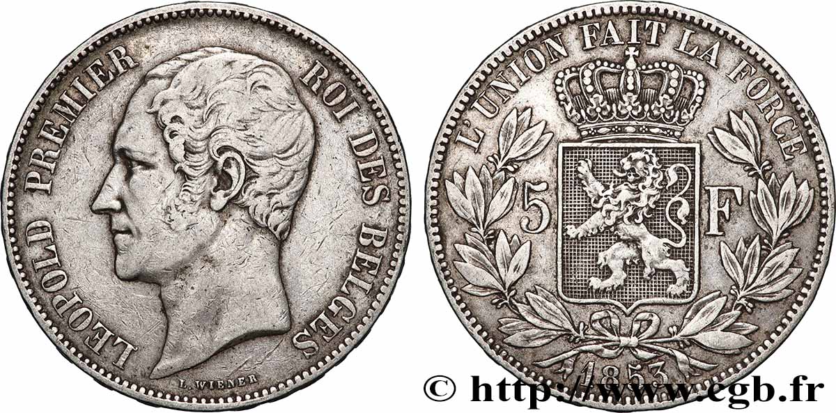 SILVER INVESTMENT 5 Francs Léopold Ier tête nue 1853  XF 