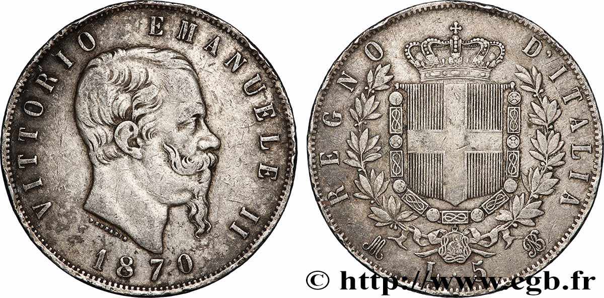 ARGENT D&nbsp;INVESTISSEMENT 5 Lire Victor Emmanuel II 1870 Milan TTB 