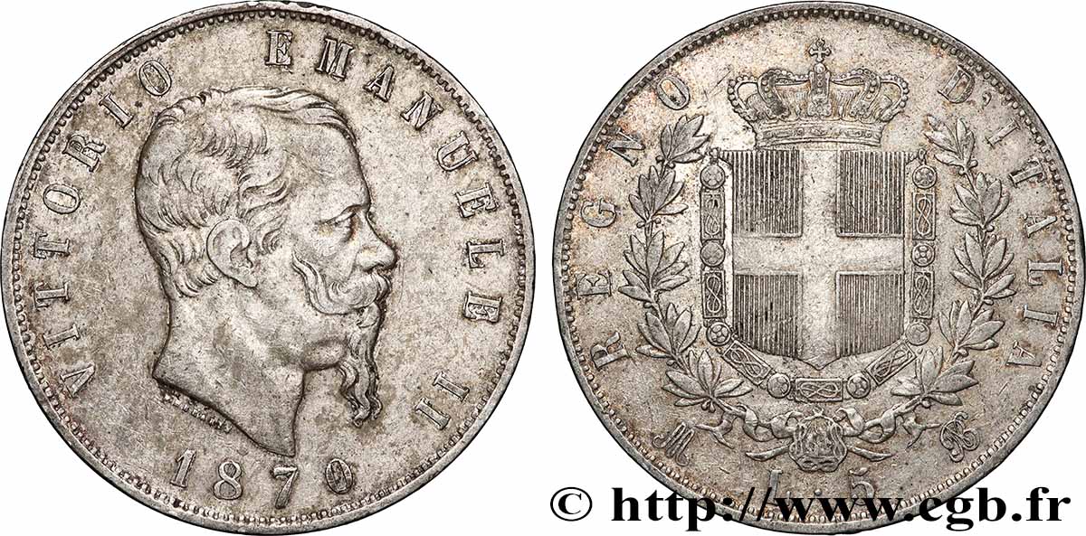 ARGENT D&nbsp;INVESTISSEMENT 5 Lire Victor Emmanuel II 1870 Milan TTB 