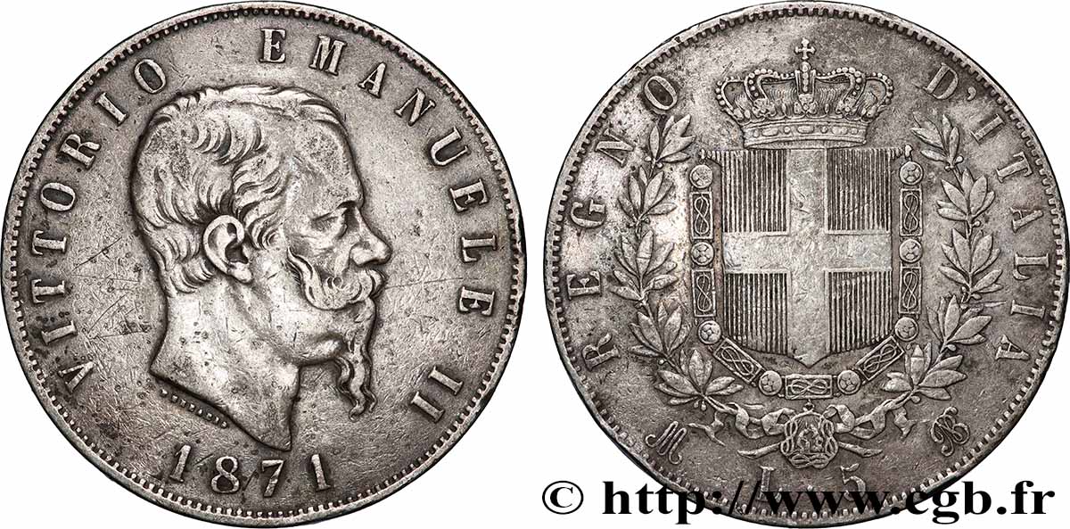 ARGENT D&nbsp;INVESTISSEMENT 5 Lire Victor Emmanuel II 1871 Milan TTB 