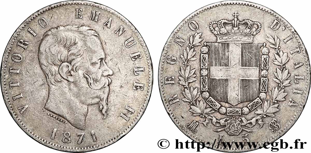 ARGENT D&nbsp;INVESTISSEMENT 5 Lire Victor Emmanuel II 1871 Milan TTB 
