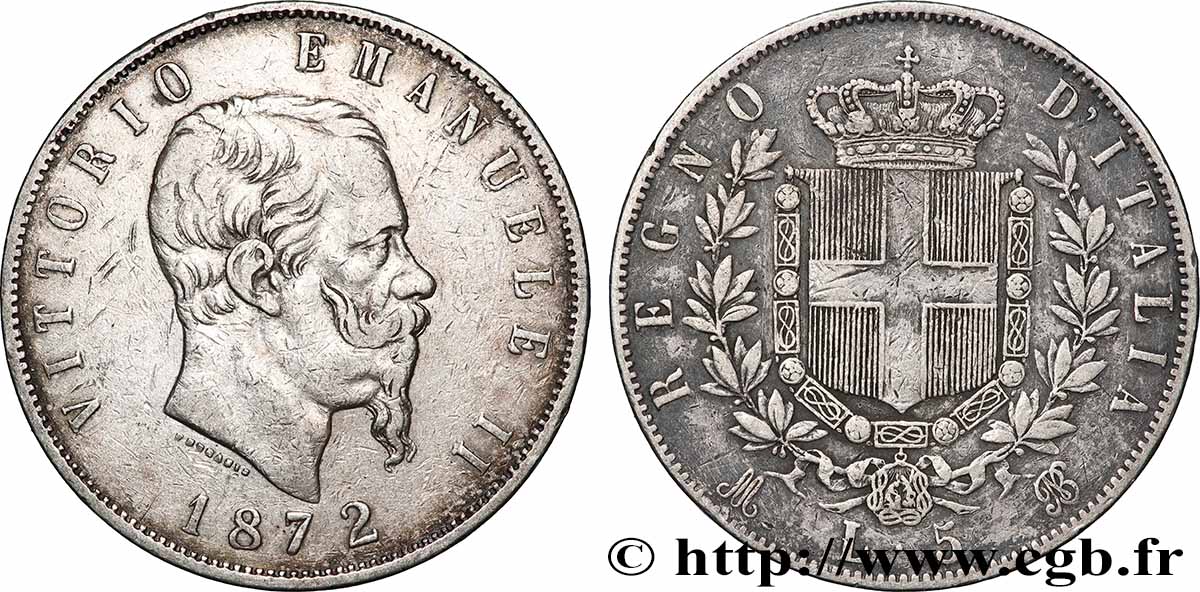 ARGENT D&nbsp;INVESTISSEMENT 5 Lire Victor Emmanuel II 1872 Milan TTB 