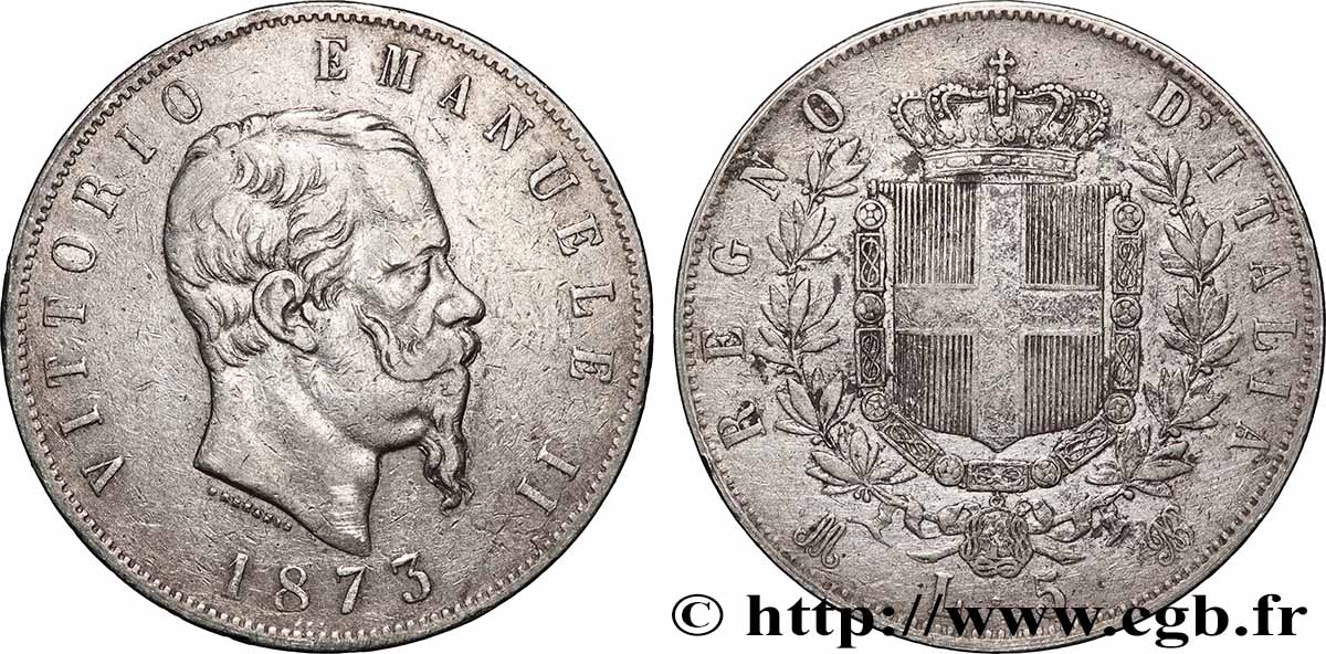 SILVER INVESTMENT 5 Lire Victor Emmanuel II 1873 Milan XF 