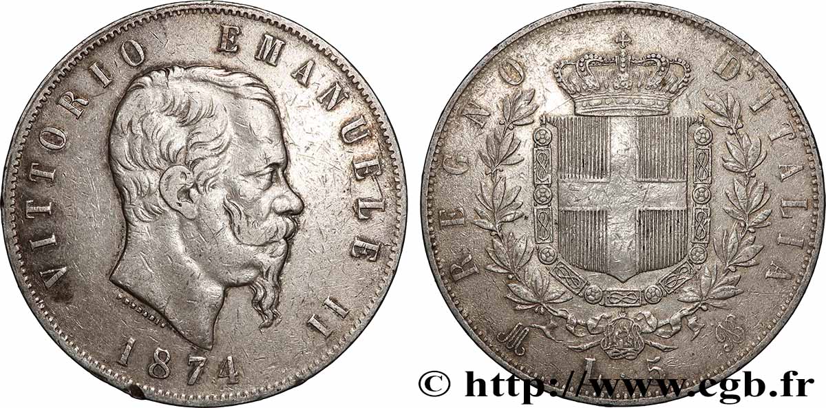 ARGENT D&nbsp;INVESTISSEMENT 5 Lire 1874 Milan TTB 