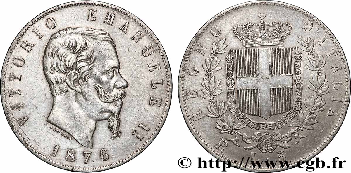 SILVER INVESTMENT 5 Lire  1876 Rome AU 