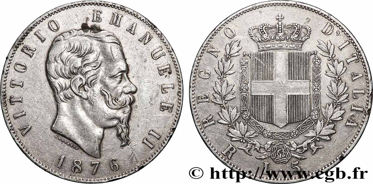 SILVER INVESTMENT 5 Lire  1876 Rome XF 