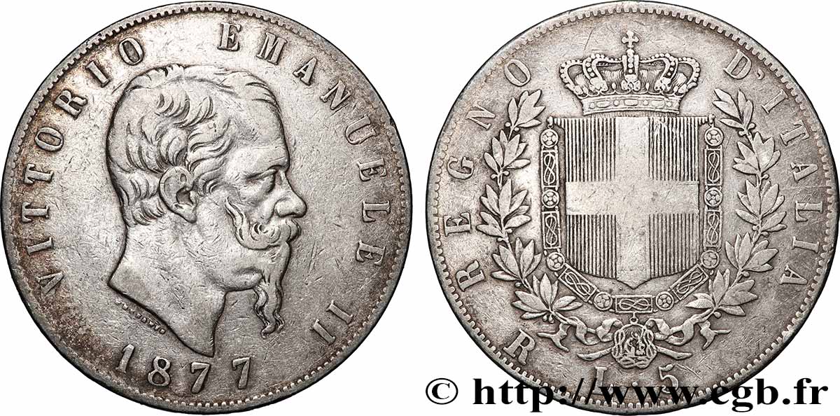 SILVER INVESTMENT 5 Lire Victor Emmanuel II 1877 Rome XF 