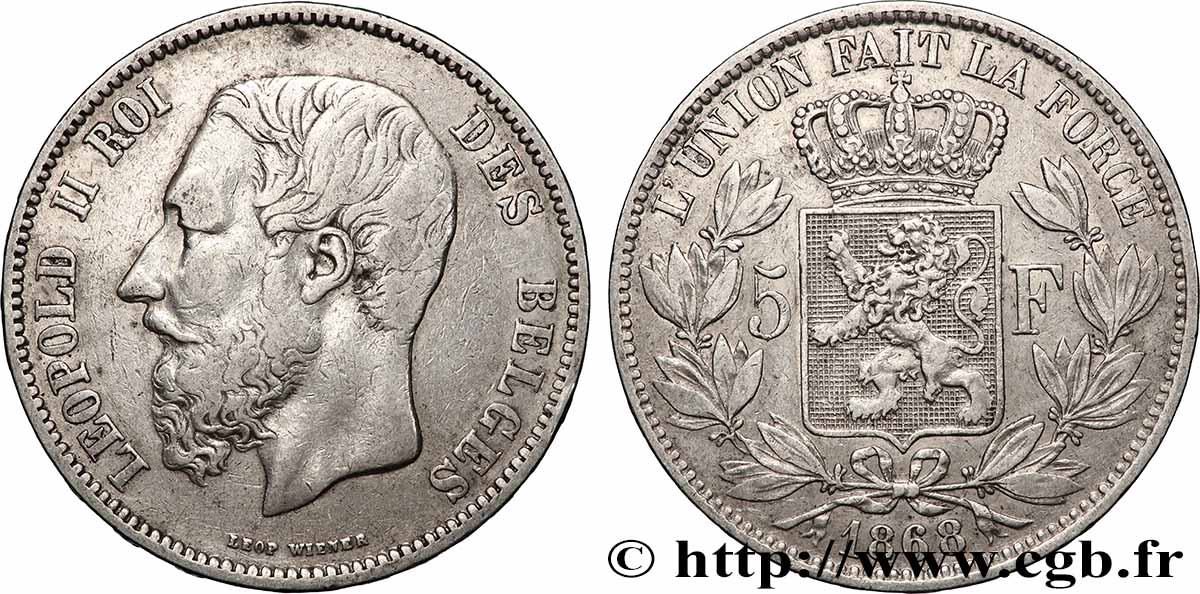 ARGENT D&nbsp;INVESTISSEMENT 5 Francs Léopold II 1868 Bruxelles TTB 