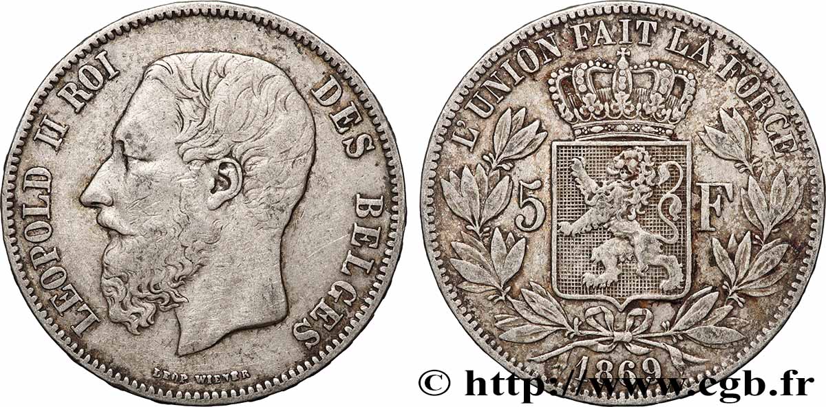 ARGENT D&nbsp;INVESTISSEMENT 5 Francs Léopold II 1869 Bruxelles TTB 