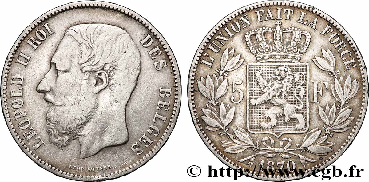 SILVER INVESTMENT 5 Francs 1870 Bruxelles XF 