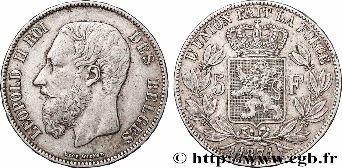 ARGENT D&nbsp;INVESTISSEMENT 5 Francs  1871 Bruxelles TTB 