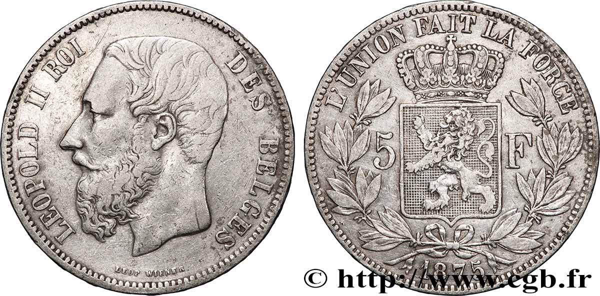 SILVER INVESTMENT 5 Francs  1875 Bruxelles XF 