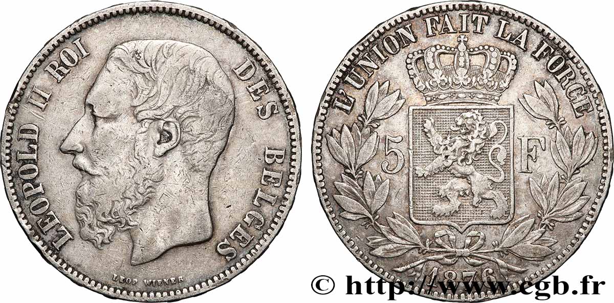 ARGENT D&nbsp;INVESTISSEMENT 5 Francs Léopold II 1876 Bruxelles TTB 