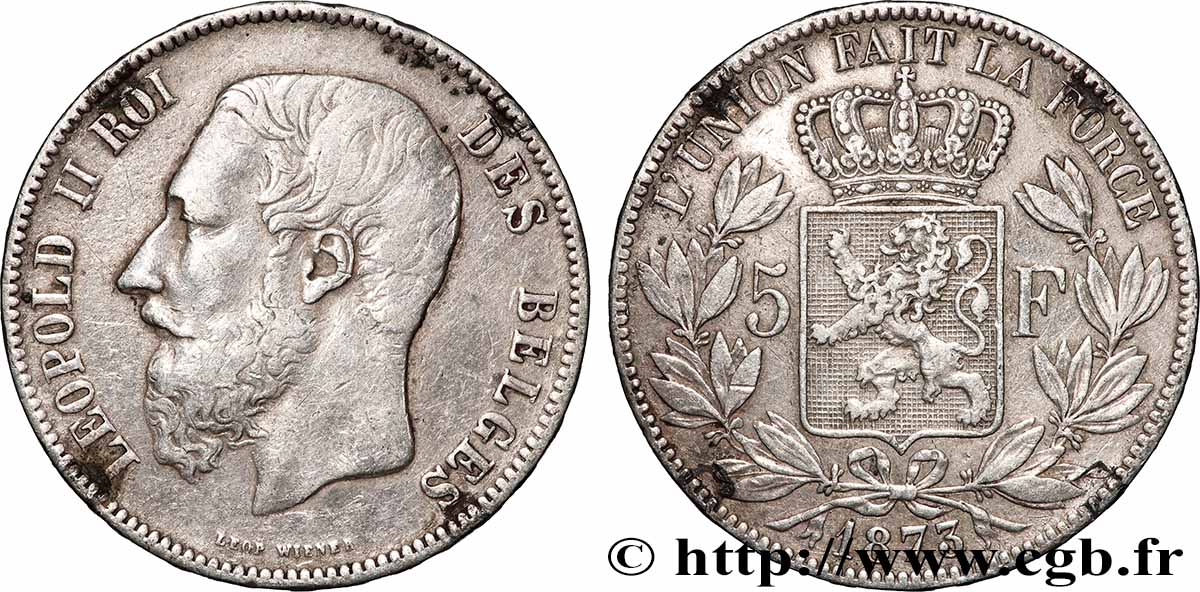 ARGENT D&nbsp;INVESTISSEMENT 5 Francs  1873 Bruxelles TTB 