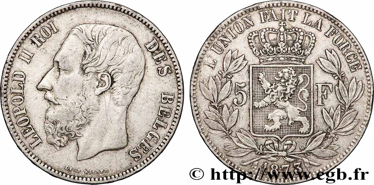 PLATA INVERSIÓN 5 Francs  1873 Bruxelles MBC 