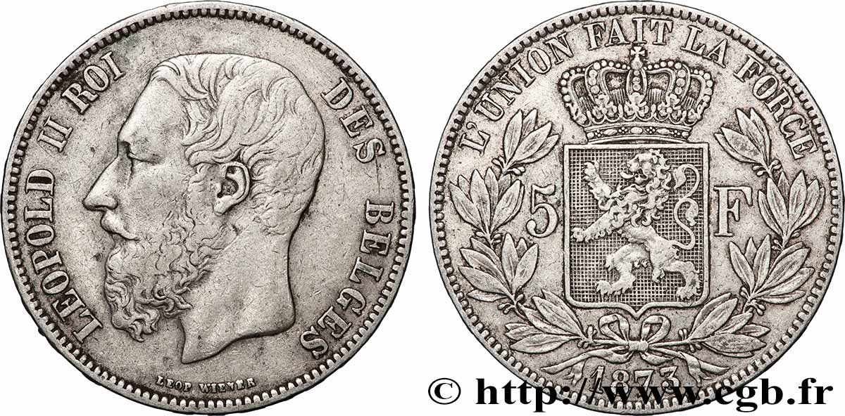 ARGENT D&nbsp;INVESTISSEMENT 5 Francs  1873 Bruxelles TTB 