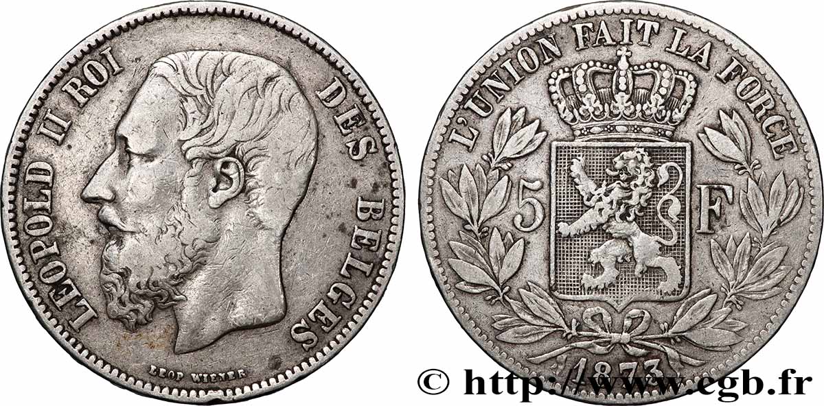 ARGENT D&nbsp;INVESTISSEMENT 5 Francs  1873 Bruxelles TTB 