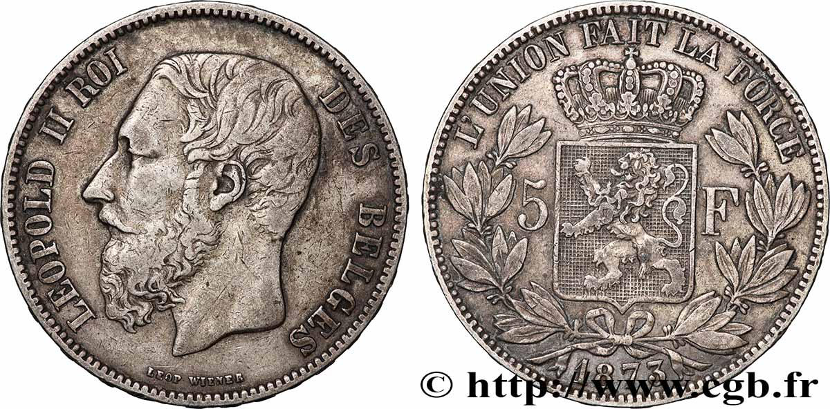 ARGENT D&nbsp;INVESTISSEMENT 5 Francs  1873 Bruxelles TTB 