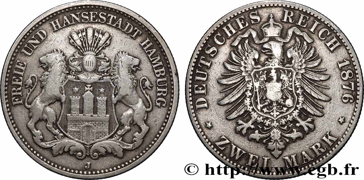 GERMANY - FREE CITY OF HAMBURG 2 Mark blason de Hambourg 1876 Hambourg VF 