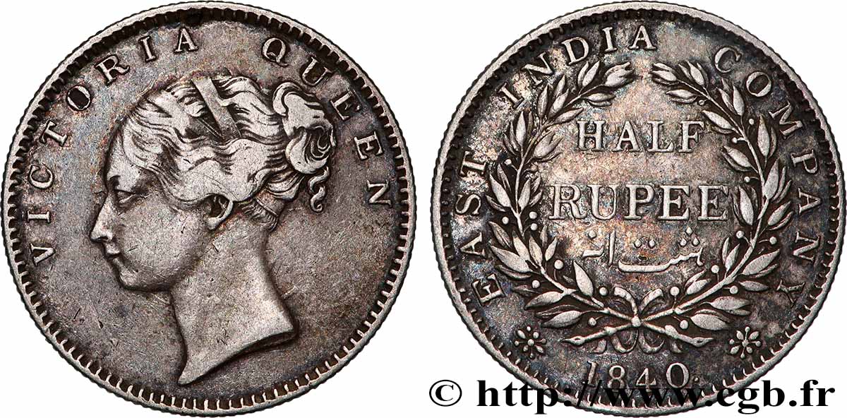 INDES BRITANNIQUES 1/2 Rupee (Roupie) East India Company Victoria 1840 Bombay ou Calcutta TTB 