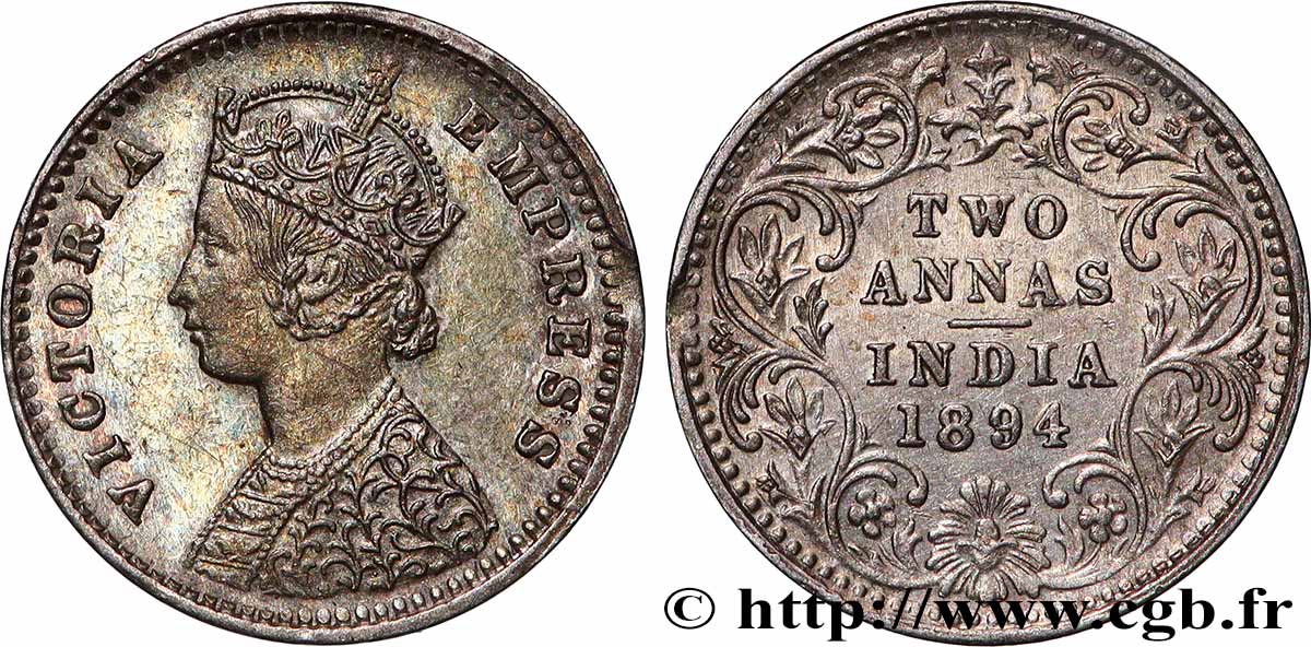 INDES BRITANNIQUES 2 Annas Victoria 1894 Bombay TTB 
