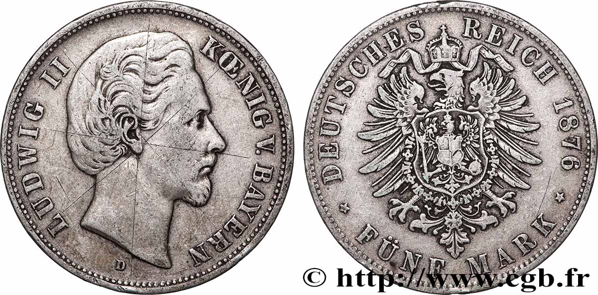 ALLEMAGNE - ROYAUME DE BAVIÈRE - LOUIS II 5 Mark  1876 Munich q.BB 