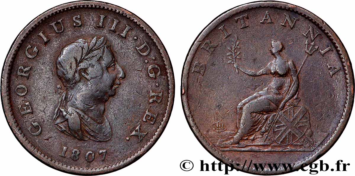 ROYAUME-UNI 1/2 Penny Georges III tête laurée 1807 Londres TB+ 