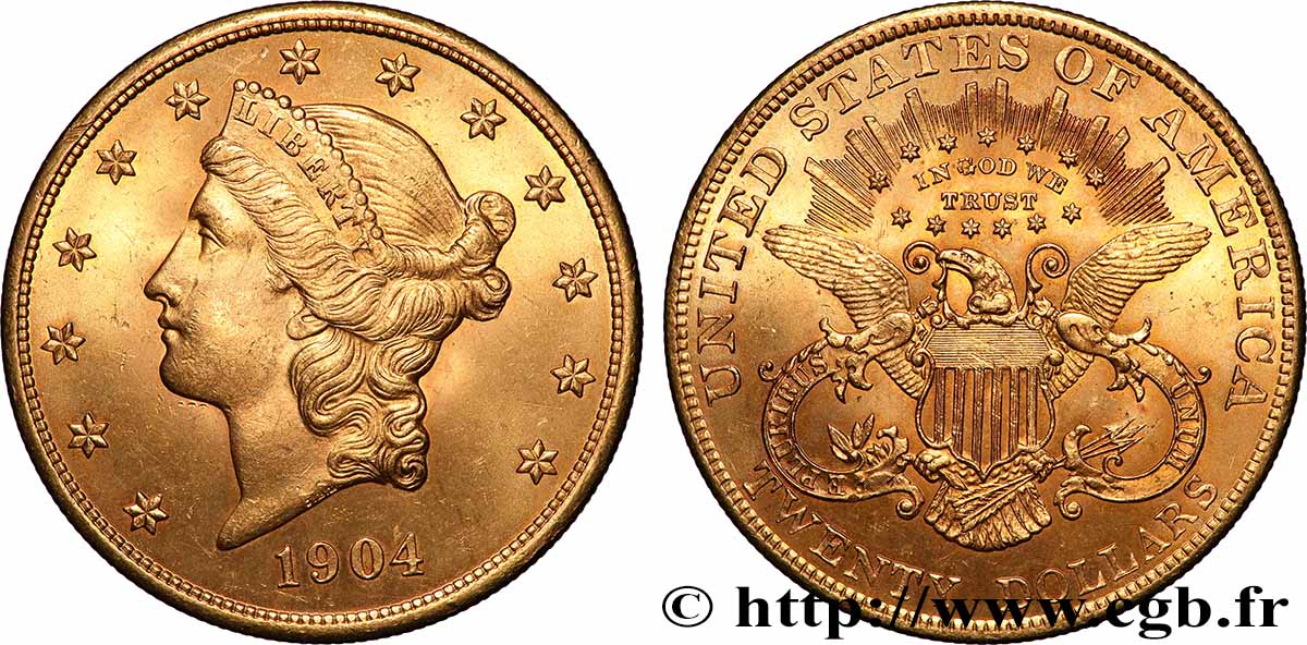 OR, PALLADIUM ET PLATINE INVESTISSEMENT 20 Dollars &nbsp;Liberty&nbsp; 1904 Philadelphie SUP 