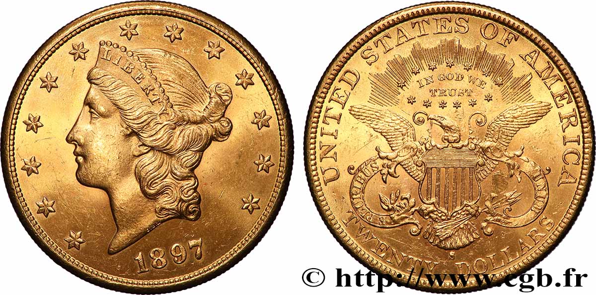 ORO, PALLADIO E PLATINO: INVESTIMENTI 20 Dollars &nbsp;Liberty&nbsp; 1897 San Francisco SPL 