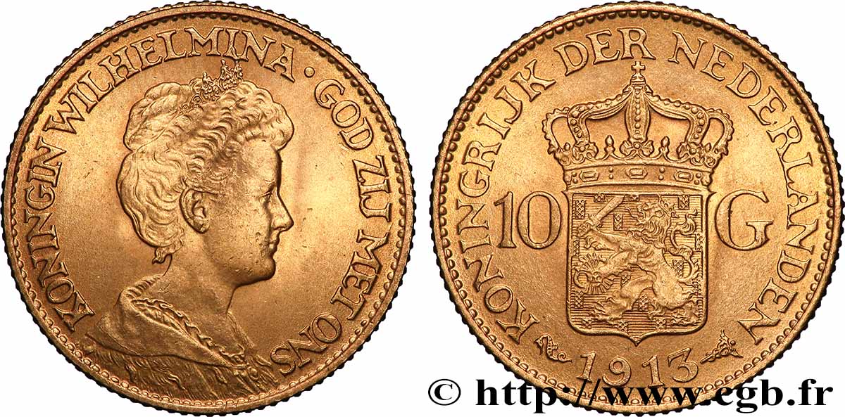OR, PALLADIUM ET PLATINE INVESTISSEMENT 10 Gulden Wilhelmina 1913 Utrecht SUP 