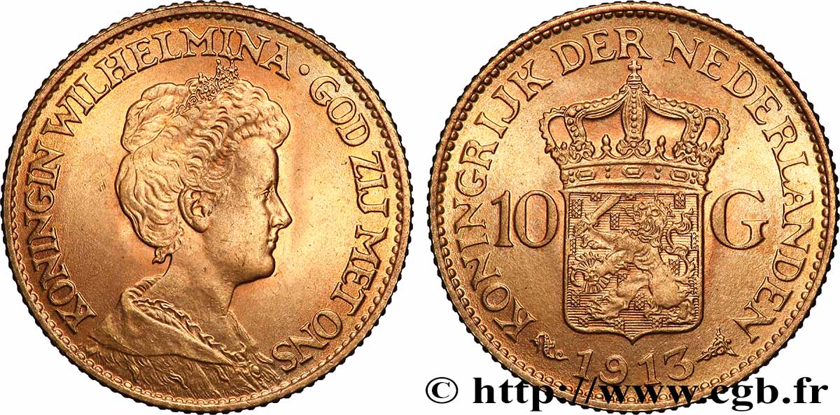 OR, PALLADIUM ET PLATINE INVESTISSEMENT 10 Gulden Wilhelmina 1913 Utrecht SUP 
