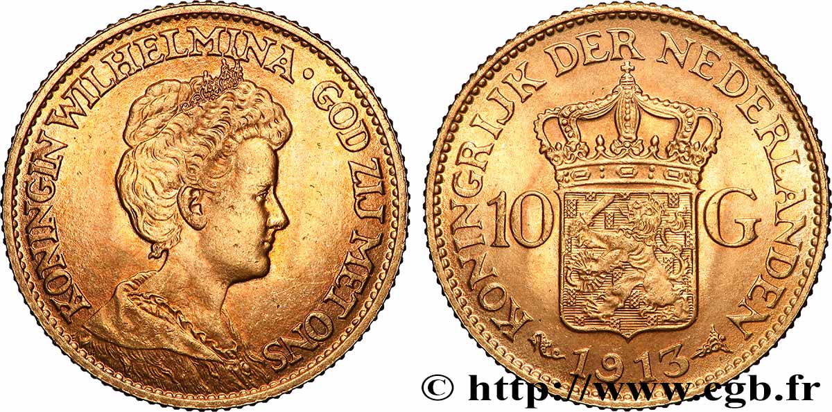 OR, PALLADIUM ET PLATINE INVESTISSEMENT 10 Gulden Wilhelmina 1913 Utrecht SUP 