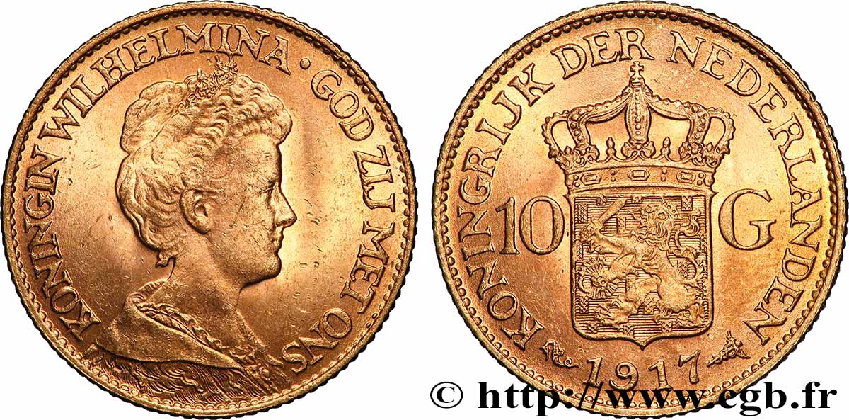 OR, PALLADIUM ET PLATINE INVESTISSEMENT 10 Gulden, 3e type 1917 Utrecht SUP 