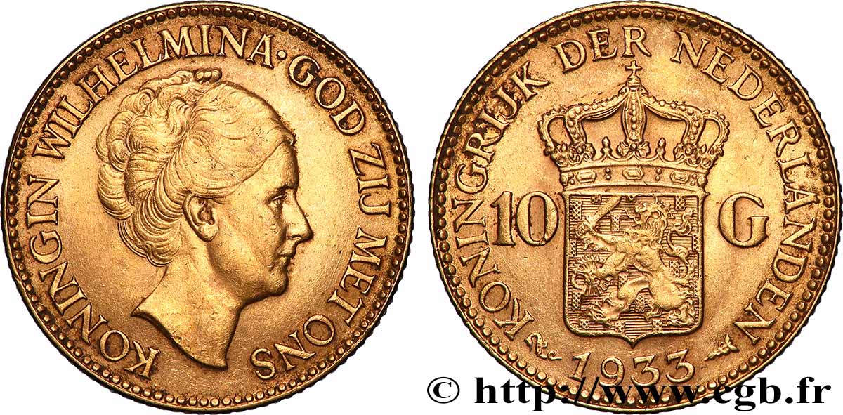 OR, PALLADIUM ET PLATINE INVESTISSEMENT 10 Gulden 4e type Wilhelmina 1933 Utrecht TTB+ 