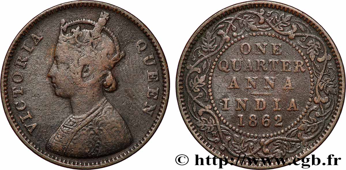 INDIA BRITANNICA 1/4 Anna Victoria 1862 Calcutta MB 