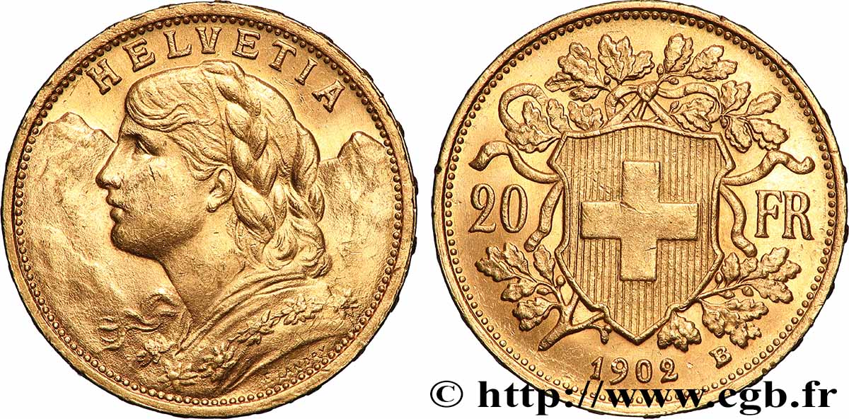 GOLD, PALLADIUM & PLATINUM INVESTMENT 20 Francs &nbsp;Vreneli&nbsp; 1902 Berne AU 