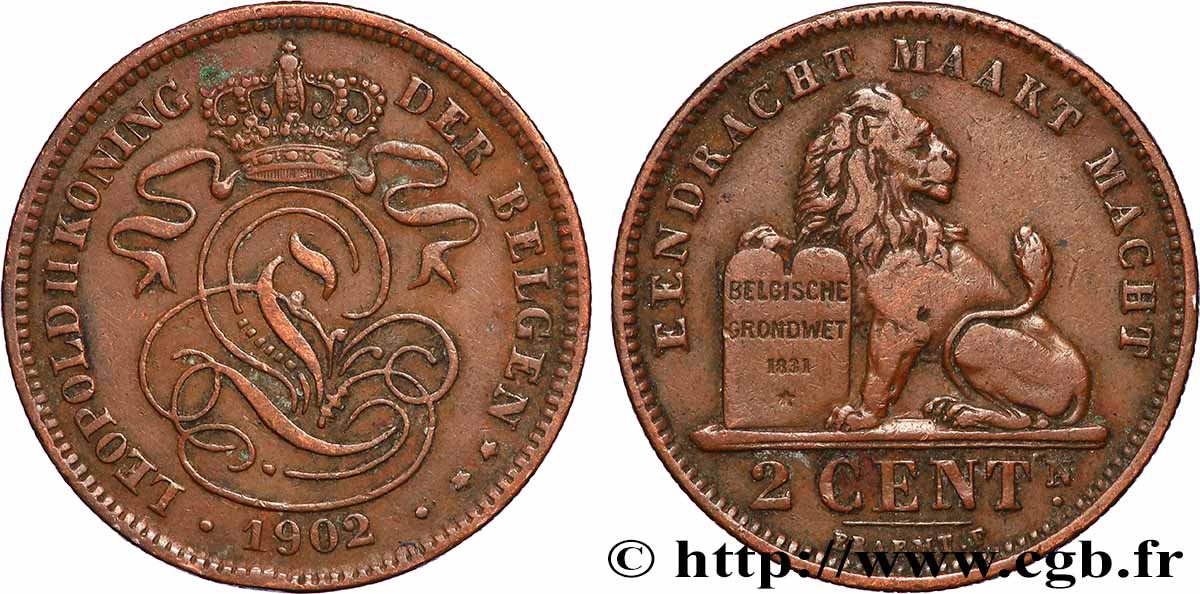 BELGIQUE 2 Centiemen (Centimes) Léopold II légende flamande 1902 Bruxelles TTB 