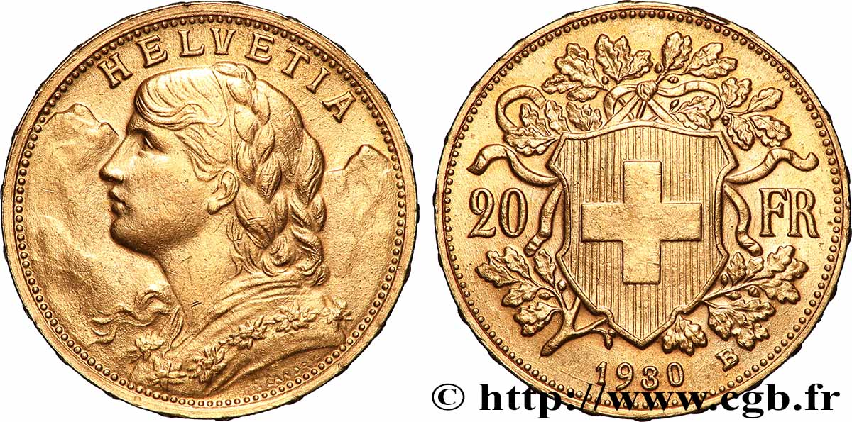 GOLD, PALLADIUM & PLATINUM INVESTMENT 20 Francs &nbsp;Vreneli&nbsp; 1930 Berne AU 
